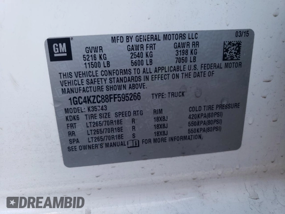 2015 Chevrolet Silverado 3500HD LT with VIN 1GC4KZC88FF595266, listed as a Copart auction lot 85263924 with 130,363 mi miles and Salvage Title. Bid and sale history available at carsss.com. Image 12.