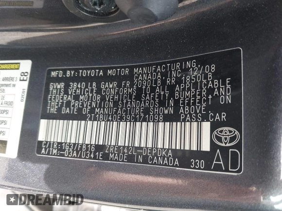 2009 Toyota Corolla with VIN 2T1BU40E39C171098, listed as a IAAI auction lot 42098610 with 113,468 mi miles and . Bid and sale history available at carsss.com. Image 9.