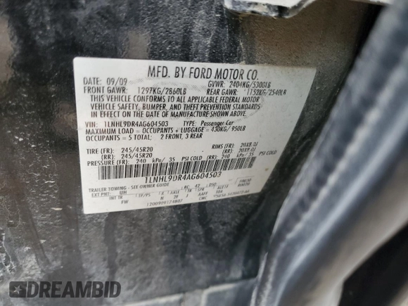 2010 Lincoln MKS z VIN 1LNHL9DR4AG604503, wystawiony jako Copart lot #56395235 z przebiegiem Nie podano mil oraz Nie do naprawy • Non repairable. Historia ofert i sprzedaży dostępna na DreamBid. Obrazek 12.
