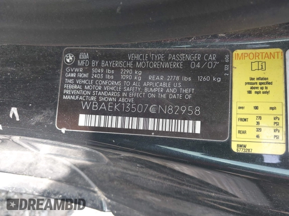 2007 BMW 6 Series 650i z VIN WBAEK13507CN82958, wystawiony jako IAAI lot #42066620 z przebiegiem 140 866 mil mil oraz . Historia ofert i sprzedaży dostępna na DreamBid. Obrazek 9.