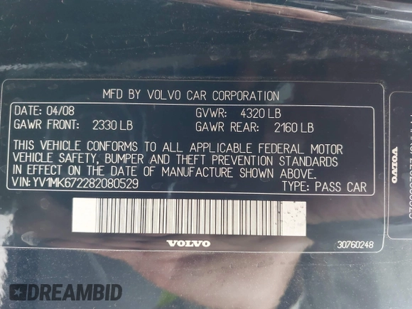 2008 Volvo C30 Version 1.0 with VIN YV1MK672282080529, listed as a IAAI auction lot 42170942 with 122,107 mi miles and . Bid and sale history available at DreamBid. Image 9.