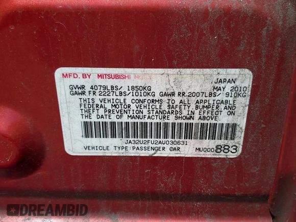 2010 Mitsubishi Lancer ES with VIN JA32U2FU2AU030631, listed as a Copart auction lot 53632865 with 249,060 mi miles and Salvage Title. Bid and sale history available at carsss.com. Image 14.