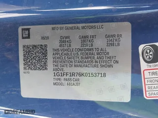 2019 Chevrolet Camaro 1SS with VIN 1G1FF1R76K0153718, listed as a IAAI auction lot 41938230 with 51,642 mi miles. Bid and sale history available at carsss.com. Image 9.