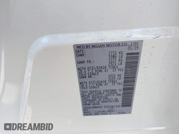 2019 Infiniti QX60 Pure with VIN 5N1DL0MN0KC569636, listed as a IAAI auction lot 42218565 with 47,971 mi miles and . Bid and sale history available at DreamBid. Image 9.