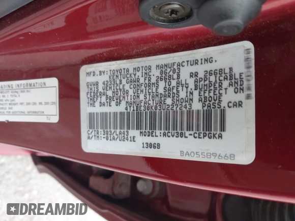 2003 Toyota Camry LE with VIN 4T1BE30K03U227243, listed as a IAAI auction lot 42063924 with 177,323 mi miles and . Bid and sale history available at DreamBid. Image 9.
