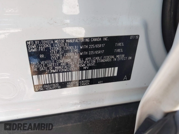 2019 Toyota RAV4 Hybrid LE with VIN 2T3MWRFV2KW026931, listed as a IAAI auction lot 42667582 with 93,147 mi miles and . Bid and sale history available at DreamBid. Image 9.