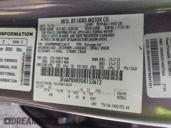 2013 Ford Fusion SE with VIN 3FA6P0HR9DR153612, listed as a IAAI auction lot 41949853 with 117,060 mi miles. Bid and sale history available at carsss.com. Image 9.