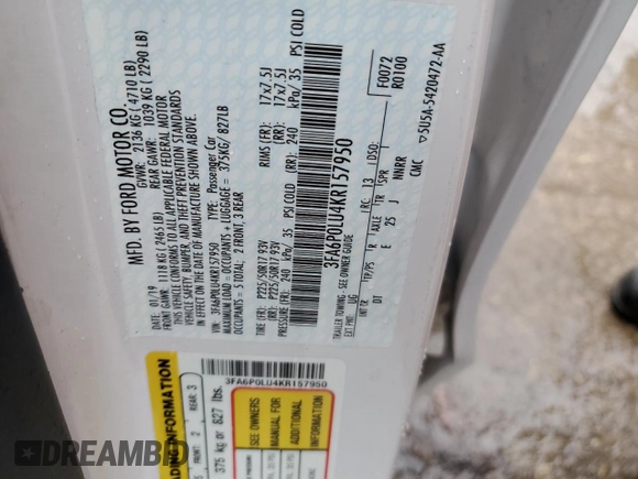 2019 Ford Fusion Hybrid SE with VIN 3FA6P0LU4KR157950, listed as a Copart auction lot 38016003 with 0 mi miles. Bid and sale history available at carsss.com. Image 12.