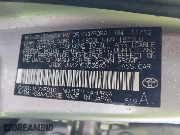 2013 Toyota Yaris L with VIN JTDKTUD32DD553842, listed as a IAAI auction lot 41231910 with 155,158 mi miles. Bid and sale history available at carsss.com. Image 9.