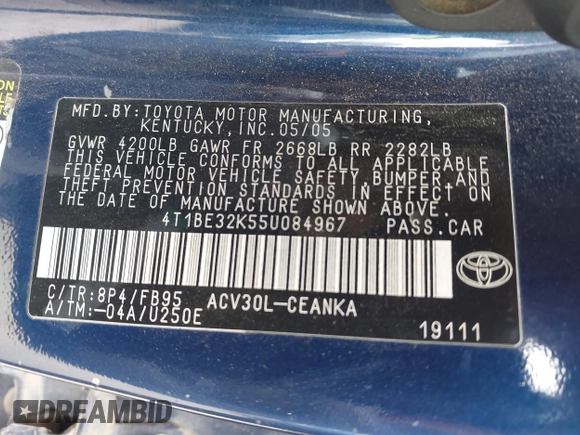 2005 Toyota Camry STD z VIN 4T1BE32K55U084967, wystawiony jako IAAI lot #42138311 z przebiegiem 272 779 mil mil oraz . Historia ofert i sprzedaży dostępna na DreamBid. Obrazek 9.