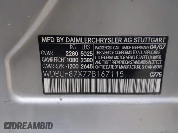 2007 Mercedes-Benz E-Class 3.5L with VIN WDBUF87X77B167115, listed as a IAAI auction lot 41721446 with 184,721 mi miles. Bid and sale history available at carsss.com. Image 9.