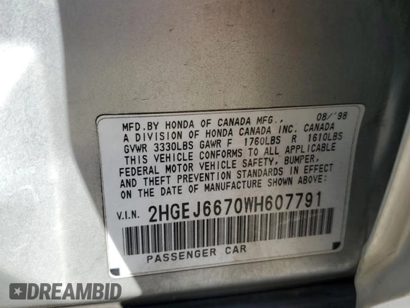 1998 Honda Civic LX with VIN 2HGEJ6670WH607791, listed as a Copart auction lot 72235594 with 205,571 mi miles and Salvage Title. Bid and sale history available at carsss.com. Image 12.