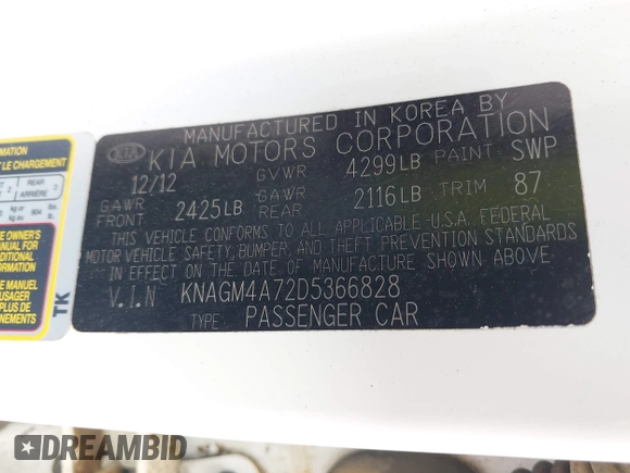 2013 Kia Optima LX z VIN KNAGM4A72D5366828, wystawiony jako IAAI lot #42106525 z przebiegiem 159 564 mil mil oraz . Historia ofert i sprzedaży dostępna na DreamBid. Obrazek 9.