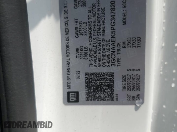 2023 Chevrolet Silverado 1500 Work Truck with VIN 3GCNAAEK5PG347820, listed as a Copart auction lot 56279775 with 125,782 mi miles and Clean Title. Bid and sale history available at DreamBid. Image 12.