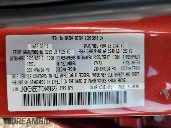 2015 Mazda CX-5 Sport with VIN JM3KE4BE7F0449623, listed as a Copart auction lot 78989944 with 154,156 mi miles and Salvage title. Bid and sale history available at DreamBid. Image 15.