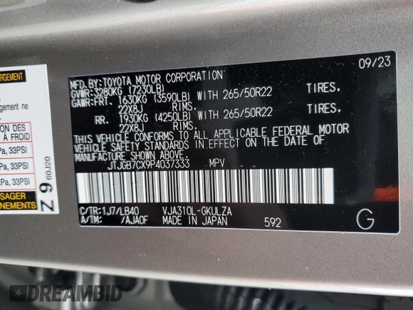 2023 Lexus LX 600 Luxury z VIN JTJGB7CX9P4037333, wystawiony jako Copart lot #38192374 z przebiegiem 1 723 mil mil oraz . Historia ofert i sprzedaży dostępna na DreamBid. Obrazek 14.