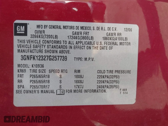 2007 Chevrolet Avalanche LTZ with VIN 3GNFK12327G257739, listed as a IAAI auction lot 42159715 with 224,306 mi miles. Bid and sale history available at carsss.com. Image 9.