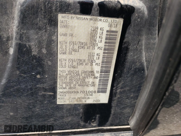 2019 Nissan Frontier S with VIN 1N6AD0ER9KN701008, listed as a Copart auction lot 58830035 with 101,217 mi miles and Salvage title. Bid and sale history available at DreamBid. Image 12.