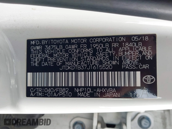 2018 Toyota Prius One with VIN JTDKDTB37J1615520, listed as a IAAI auction lot 42054113 with 76,989 mi miles and . Bid and sale history available at DreamBid. Image 9.