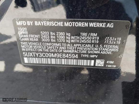 2021 BMW X3 sDrive30i with VIN 5UXTY3C09M9E84594, listed as a IAAI auction lot 42013486 with 58,044 mi miles. Bid and sale history available at carsss.com. Image 9.