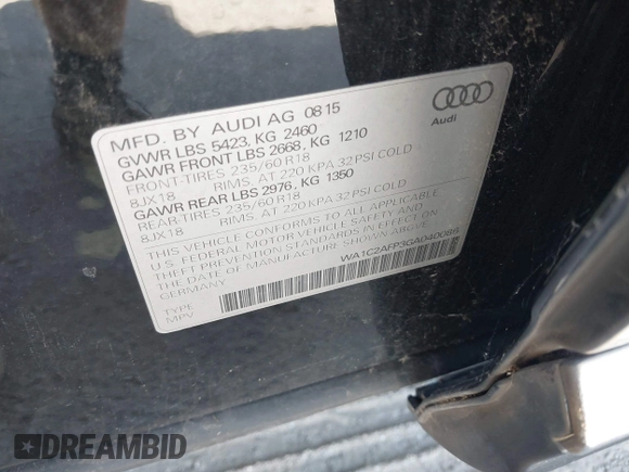 2016 Audi Q5 Premium с VIN WA1C2AFP3GA040086, выставлен на аукционе IAAI как лот 42805635 с пробегом 85 126 миль миль и . История ставок и продаж доступна на DreamBid. Изображение 9.