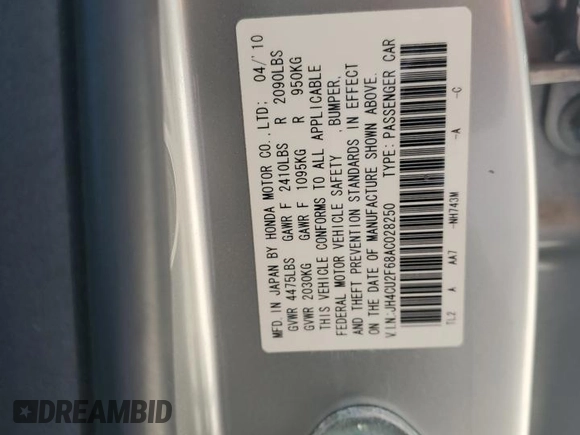 2010 Acura TSX z VIN JH4CU2F68AC028250, wystawiony jako Copart lot #58147505 z przebiegiem 94 611 mil mil oraz Szkoda całkowita • Salvage title. Historia ofert i sprzedaży dostępna na DreamBid. Obrazek 12.
