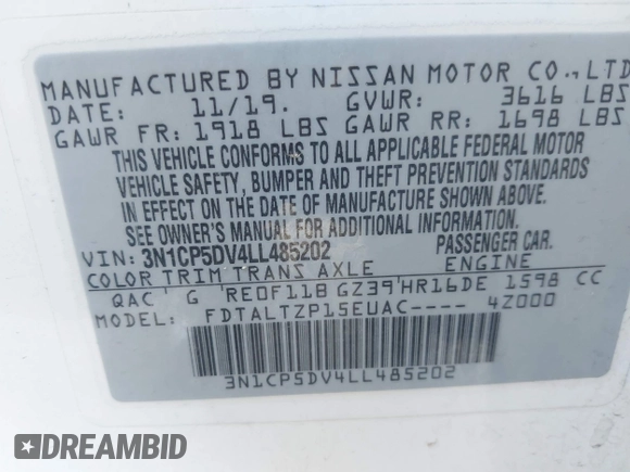 2020 Nissan Kicks SR z VIN 3N1CP5DV4LL485202, wystawiony jako IAAI lot #42195025 z przebiegiem 44 528 mil mil oraz . Historia ofert i sprzedaży dostępna na DreamBid. Obrazek 9.