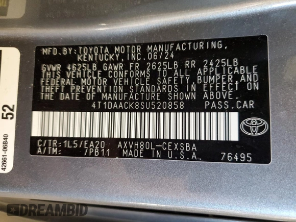 2025 Toyota Camry LE with VIN 4T1DAACK8SU520858, listed as a Copart auction lot 55131795 with 17,595 mi miles and Clean Title. Bid and sale history available at carsss.com. Image 13.
