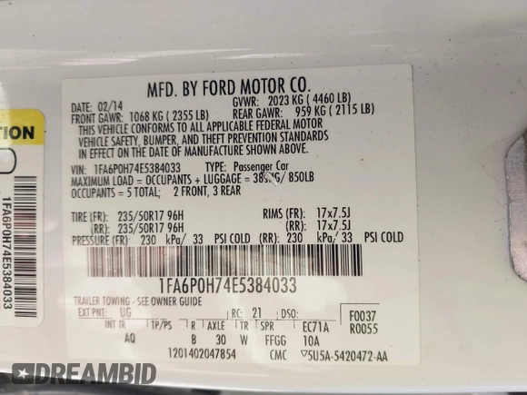2014 Ford Fusion SE with VIN 1FA6P0H74E5384033, listed as a IAAI auction lot 41973706 with 187,988 mi miles. Bid and sale history available at carsss.com. Image 9.