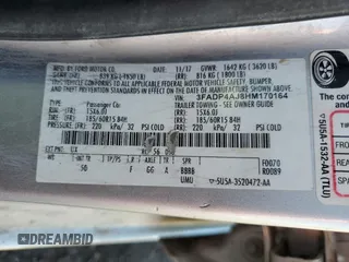 2017 Ford Fiesta S с VIN 3FADP4AJ8HM170164, выставлен на аукционе Copart как лот 56561385 с пробегом 44 962 миль миль и Списание • Salvage title. История ставок и продаж доступна на DreamBid. Изображение 12.