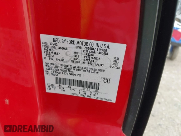 2004 Ford F-150 XL with VIN 1FTPX12574NB04521, listed as a IAAI auction lot 42574298 with 161,954 mi miles and . Bid and sale history available at DreamBid. Image 9.
