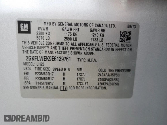 2014 GMC Terrain SLE with VIN 2GKFLWEK9E6129761, listed as a Copart auction lot 61259135 with 101,177 mi miles and Clean title. Bid and sale history available at DreamBid. Image 13.