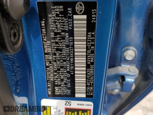 2019 Toyota Camry LE with VIN 4T1B11HK4KU271619, listed as a Copart auction lot 49987945 with 106,706 mi miles and Salvage Title. Bid and sale history available at carsss.com. Image 15.