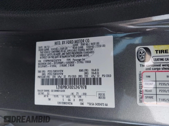 2013 Ford Mustang GT with VIN 1ZVBP8CF0D5247978, listed as a IAAI auction lot 41483581 with 111,560 mi miles. Bid and sale history available at carsss.com. Image 9.