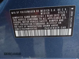 2021 Volkswagen Jetta S with VIN 3VWC57BU9MM054792, listed as a IAAI auction lot 42244993 with 12,494 mi miles and . Bid and sale history available at DreamBid. Image 9.