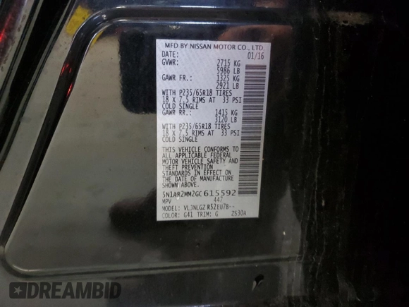 2016 Nissan Pathfinder SV with VIN 5N1AR2MM2GC615592, listed as a Copart auction lot 52010485 with 178,305 mi miles and Salvage Title. Bid and sale history available at carsss.com. Image 13.