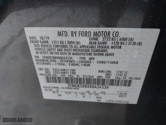 2019 Ford Flex SE with VIN 2FMGK5B8XKBA34534, listed as a IAAI auction lot 41788816 with 66,615 mi miles. Bid and sale history available at carsss.com. Image 9.