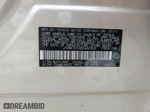 2011 Lexus ES 330 with VIN JTHBK1EGXB2460965, listed as a Copart auction lot 50342435 with 131,205 mi miles and Salvage Title. Bid and sale history available at DreamBid. Image 14.