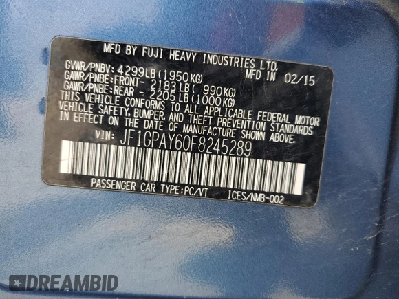 2015 Subaru Impreza Special Sports Premium с VIN JF1GPAY60F8245289, выставлен на аукционе Copart как лот 56983855 с пробегом 100 190 миль миль и Списание • Salvage title. История ставок и продаж доступна на DreamBid. Изображение 13.