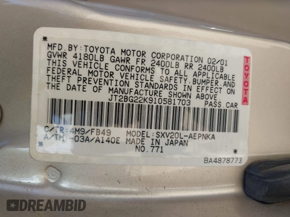 2001 Toyota Camry CE with VIN JT2BG22K910581703, listed as a IAAI auction lot 42020085 with 107,035 mi miles. Bid and sale history available at carsss.com. Image 9.