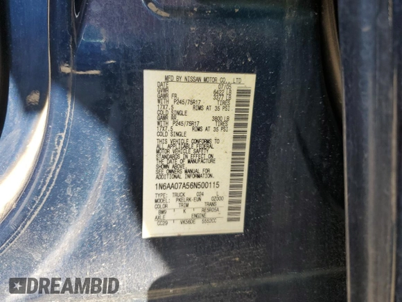2006 Nissan Titan SE z VIN 1N6AA07A56N500115, wystawiony jako Copart lot #52821355 z przebiegiem 142 583 mil mil oraz Szkoda całkowita • Salvage title. Historia ofert i sprzedaży dostępna na DreamBid. Obrazek 12.