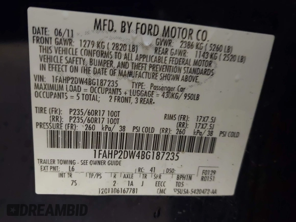 2011 Ford Taurus SE with VIN 1FAHP2DW4BG187235, listed as a IAAI auction lot 41942952 with 162,083 mi miles. Bid and sale history available at carsss.com. Image 9.