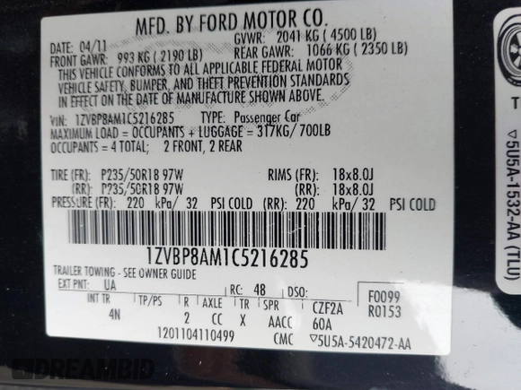 2012 Ford Mustang Premium z VIN 1ZVBP8AM1C5216285, wystawiony jako IAAI lot #41191304 z przebiegiem 190 290 mil mil oraz . Historia ofert i sprzedaży dostępna na DreamBid. Obrazek 9.