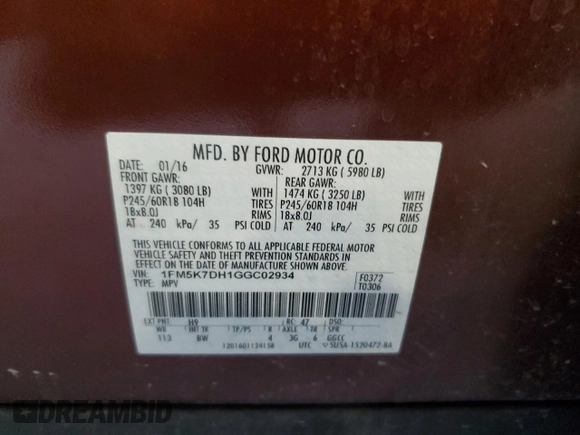 2016 Ford Explorer XLT with VIN 1FM5K7DH1GGC02934, listed as a Copart auction lot 50615055 with 160,821 mi miles and Salvage Title. Bid and sale history available at DreamBid. Image 16.