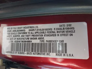 2002 Subaru Legacy Outback with VIN 4S3BH675826648904, listed as a IAAI auction lot 41709612 with 198,513 mi miles and . Bid and sale history available at DreamBid. Image 9.
