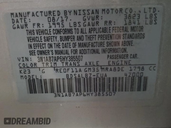 2017 Nissan Sentra SR z VIN 3N1AB7AP6HY385507, wystawiony jako Copart lot #57836165 z przebiegiem 115 335 mil mil oraz Szkoda całkowita • Salvage title. Historia ofert i sprzedaży dostępna na DreamBid. Obrazek 13.
