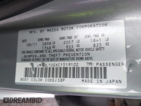2012 Mazda 3 i Sport with VIN JM1BL1UGXC1519102, listed as a IAAI auction lot 42085027 with 149,691 mi miles and . Bid and sale history available at carsss.com. Image 9.