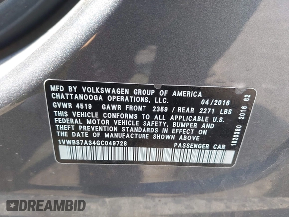 2016 Volkswagen Passat SE with VIN 1VWBS7A34GC049728, listed as a IAAI auction lot 42248027 with 83,215 mi miles and . Bid and sale history available at DreamBid. Image 9.