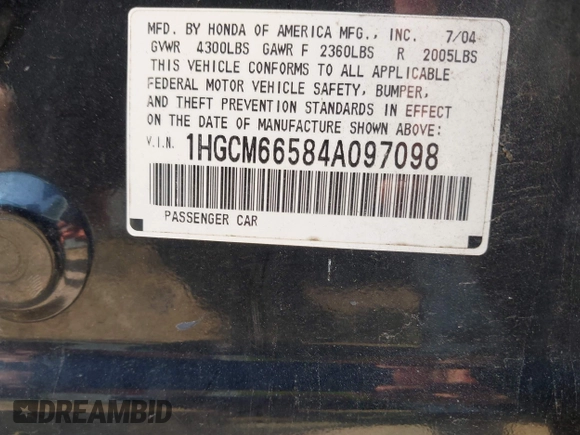 2004 Honda Accord EX с VIN 1HGCM66584A097098, выставлен на аукционе IAAI как лот 42431021 с пробегом 135 143 миль миль и . История ставок и продаж доступна на DreamBid. Изображение 9.