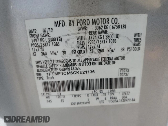2012 Ford F-150 XL z VIN 1FTMF1CM6CKE21136, wystawiony jako Copart lot #48614935 z przebiegiem 157 107 mil mil oraz Szkoda całkowita • Salvage title. Historia ofert i sprzedaży dostępna na DreamBid. Obrazek 12.